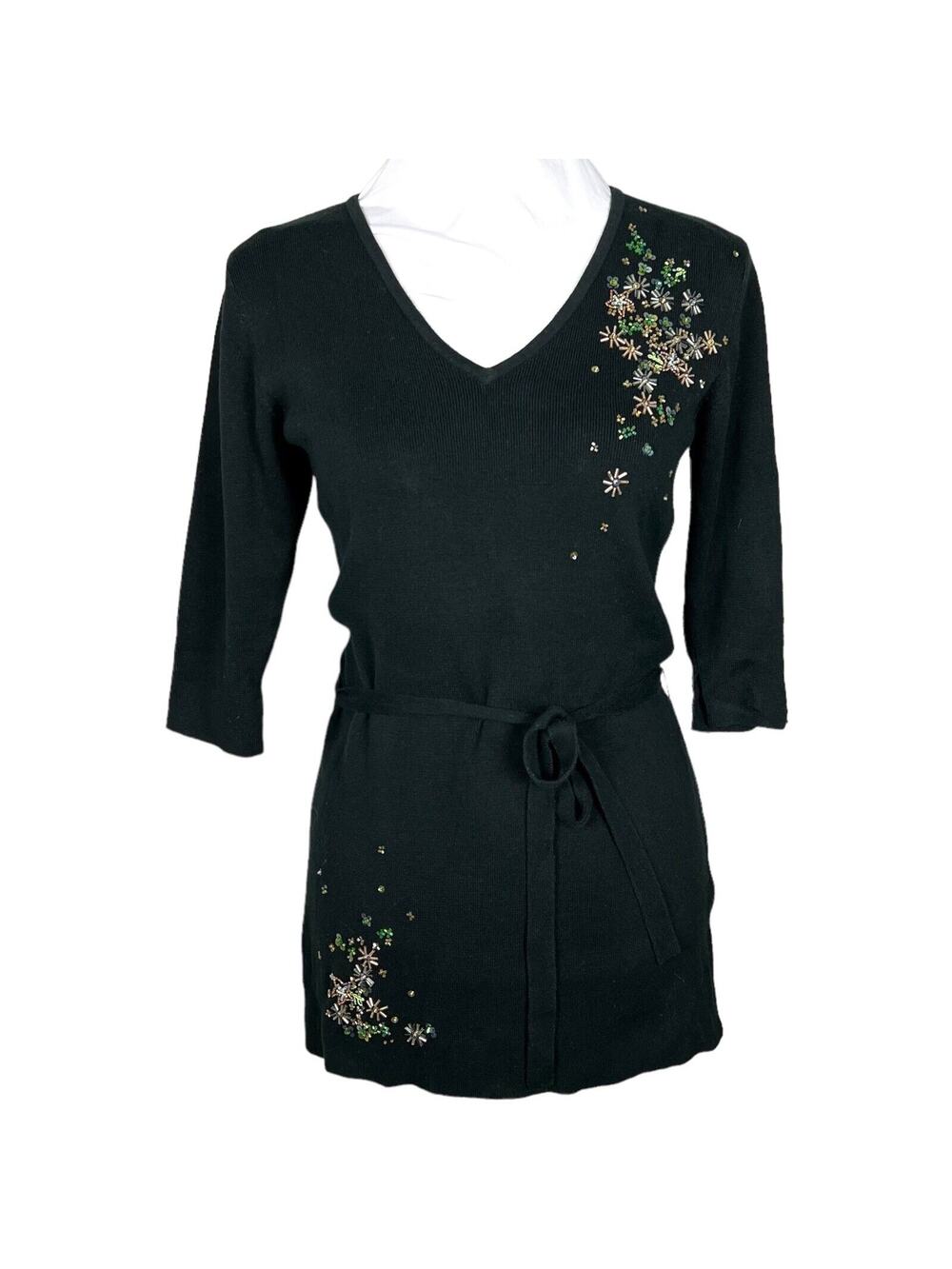 KAREN LESSLY Black Embroidered Sequined Beaded Sz S Belted V Neck Tunic Sweater